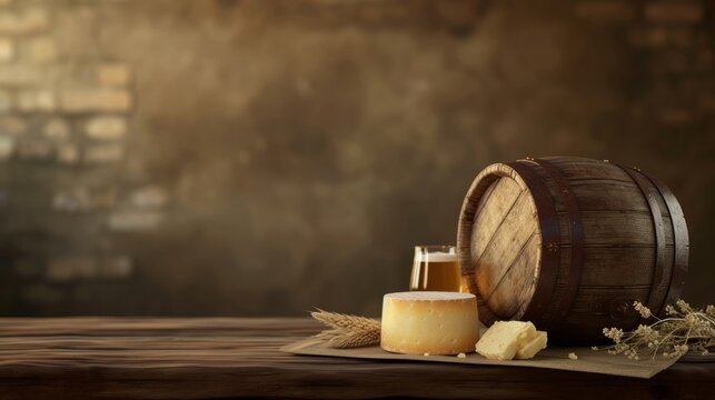 beer background with keg and cheese for international beer day. copy space