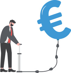 Inflation in Europe causing by energy shortage, interest rate policy to reduce inflation, Euro recession or money devaluation concept, businessman inflate air pump into floating Euro money coin.

