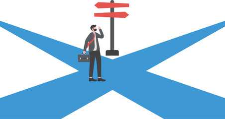 Businessman standing on middle way and choosing direction. Business concept. Modern Direction
