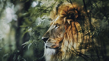 Generate an intriguing double exposure image of a powerful lion's mane blending into a dense...