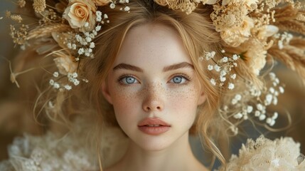 花の髪飾りの美女ポートレート,Generative AI AI画像