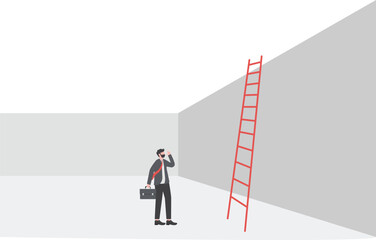 businessman looking up at a ladder solution, challenge, concept


