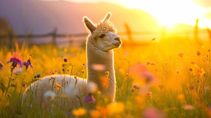 Serene Alpaca in Wildflower Meadow at Sunset