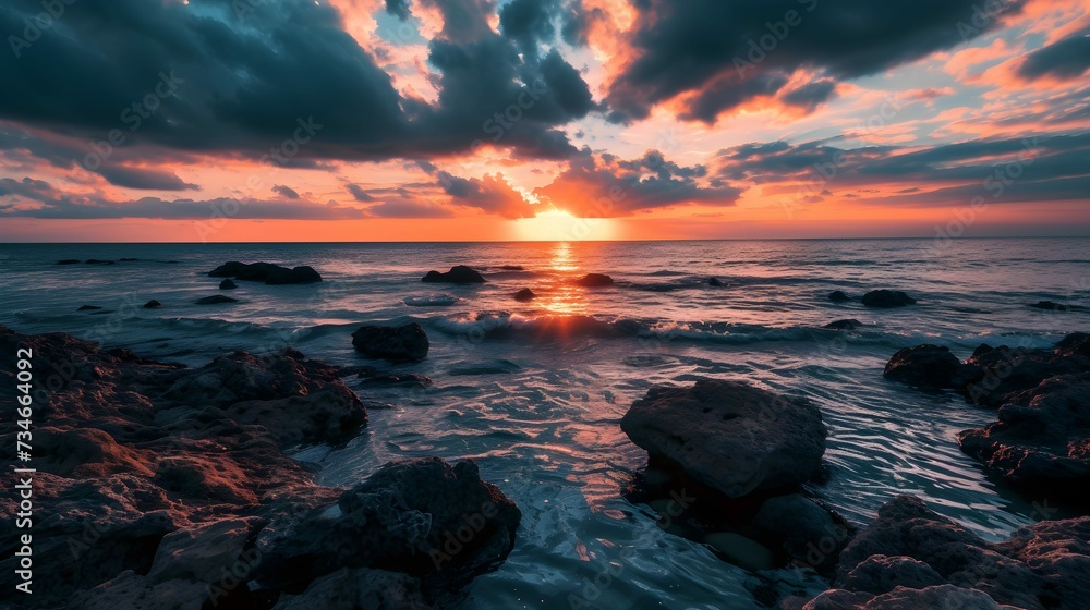 Canvas Prints Sea stone shore, rocky surface, sunset with colorful sky over the sea