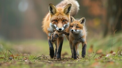 Naklejka na ściany i meble Red foxes carrying dead animal in mouth while walking on grassy field
