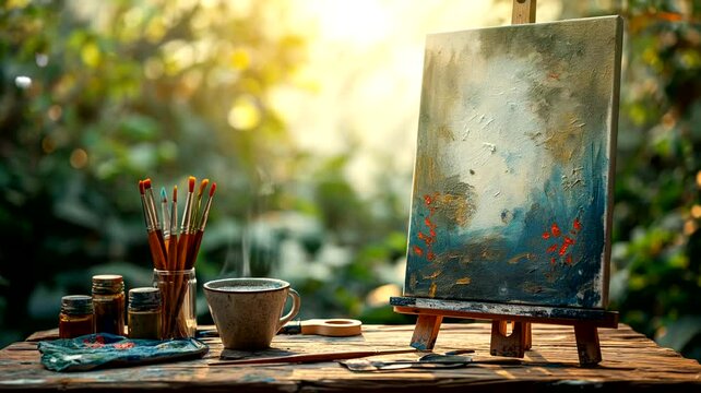 Artist easel with brushes and canvas on wooden table. Seamless looping time-lapse 4k video animation background