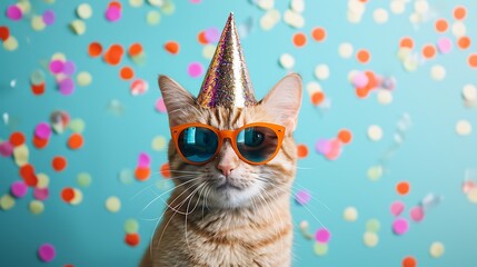 starring a cat wearing a party hat and sunglasses on a blue background with confetti