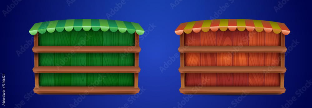 Poster shop window template for game ui design. cartoon vector illustration set of empty red and green wood
