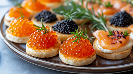Russian delicacy, caviar on small blini crepes. 