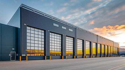 New warehouse with large truck door bays. Modern factory exterior.