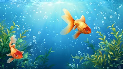 Two vibrant goldfish swimming in a serene underwater scene, showcasing an ecosystem. ideal for childrens illustrations. AI
