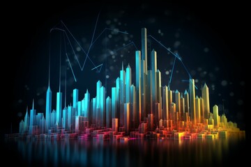 A colorful 3D graph illustrating financial data points in a dynamic, abstract cityscape.