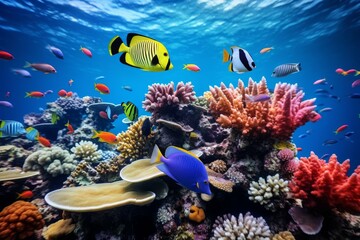 Fototapeta na wymiar A vivid underwater scene of a coral reef bustling with colorful marine life, including fish and anemones.