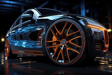 Car wheels for the cars of the future, Futuristic sports car tyre technology concept with rim...