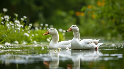 White ducks on the pond in summer