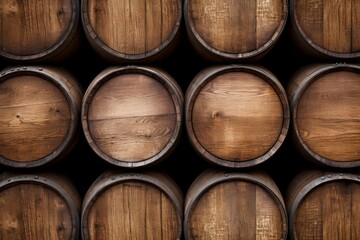 Fototapeta premium Rows of stacked wooden barrels in a dark cellar, suggestive of wine or whiskey aging process.