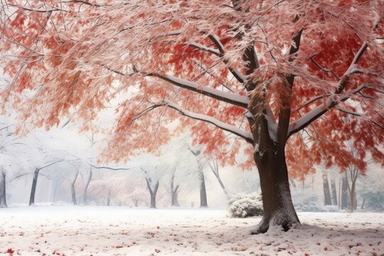 A serene winter park scene with snow-covered ground and vivid red trees, evoking a peaceful yet vibrant atmosphere.