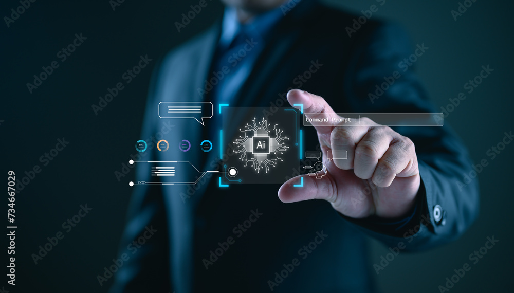 Aufkleber Ai tech, businessman show virtual graphic Global Internet connect AI, Artificial Intelligence. Using command prompt for generates something, Futuristic technology transformation. Chatbot Chat with AI.