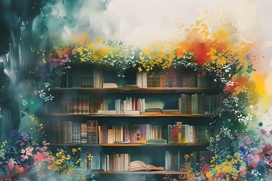 Enchanting bookshelf nestled among vibrant watercolor blooms. a dreamy, artistic depiction of a tranquil reading nook. ideal for creative backdrops. AI