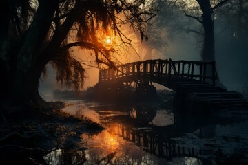 An atmospheric image capturing the sun rising behind a broken bridge over a misty river, creating a mysterious and moody scene.