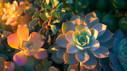 multicolor a scene that play of light and shadow on leaves of succulents, highlighting their...