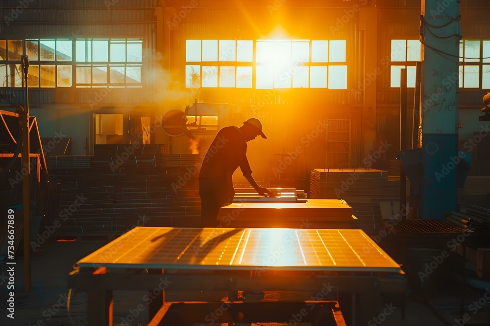 Poster silhouette of a craftsman working in a sunlit workshop. artisan busy with creation process. manufact