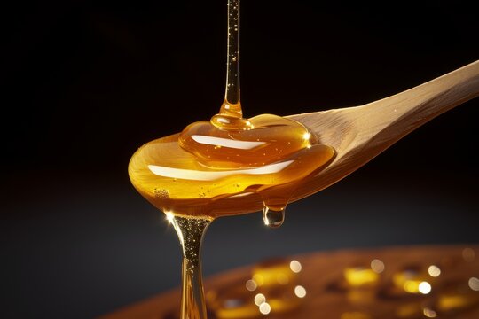 Honey dripping from a wooden spoon against a dark background with a golden glow.