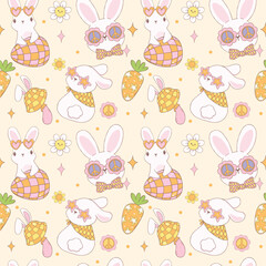 Groovy Easter Pattern Seamless retro disco bunny Playful animal doodle drawing isolated on background.