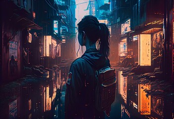 Dreaming about flood, cinematic cyberpunk image wallpaper for desktop and laptop. Generative AI - obrazy, fototapety, plakaty