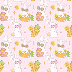 Groovy Easter Pattern Seamless retro disco bunny Playful animal doodle drawing isolated on background.
