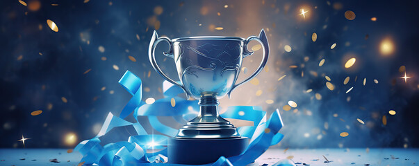 Trophy With Blue Ribbon Against a Sparkling Background - obrazy, fototapety, plakaty