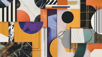 Modernist collages that combine different visual elements. Can be used as wall decorations. Abstract illustrations and patterns, where the main role is given to color 