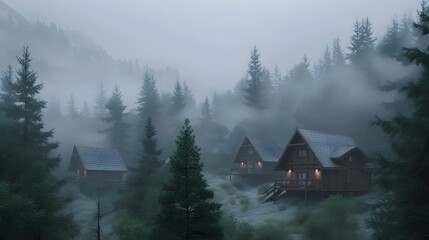 Fototapeta premium Misty mountain retreat with wooden cabins and pine forests