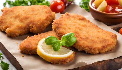 Homemade breaded chicken schnitzel with vegetables . isolated on white background