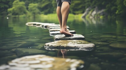 Man walking barefoot on stepping stones in lake