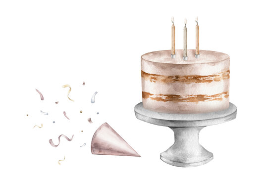 Cake on a stand with gold and silver color candles. Party pinked popper and exploding confetti isolated. Hand drawn watercolor illustration on white background. Birthday hat with confetti.