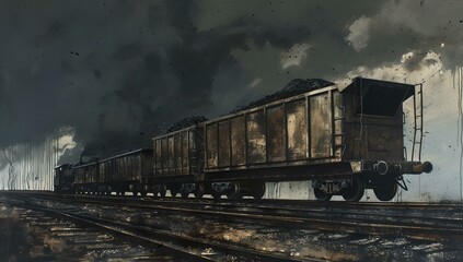 Fototapeta na wymiar Vintage freight train on tracks under an overcast sky, moody and artistic. dark, cinematic rail transport scene. ideal for historical themes. AI