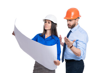 Fototapeta premium Engineer manager with assistant conduct inspection. Engineering inspection supervisor isolated white. Inspection by supervisors in office. Project details. Supervisor colleagues. Discussing details