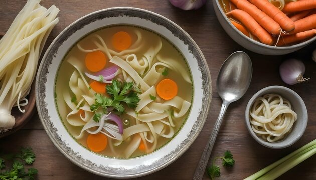 Chicken or vegetable soup broth in a vintage bowl with homemade noodles carrot onion celery herbs garlic and fresh vegetables.