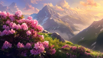 Magic pink rhododendron flowers on summer mountain 