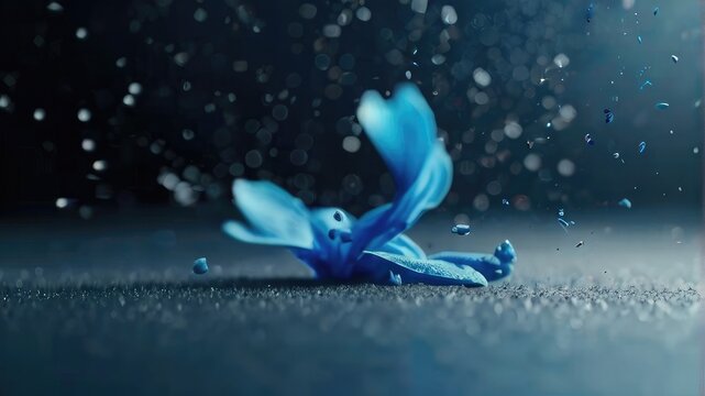 blue flower petals dust flying sparkbackground
