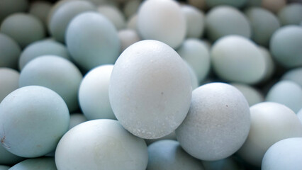 Halved salted egg, blue color shell from duck egg