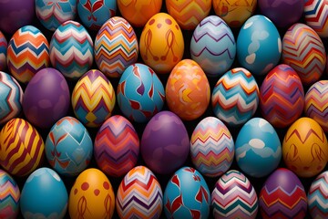 Fototapeta na wymiar A collection of vibrantly colored and intricately designed Easter eggs with various patterns and color combinations in a neat arragement