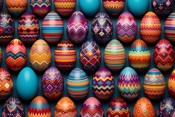 Fototapeta na wymiar A collection of vibrantly colored and intricately designed Easter eggs with various patterns and color combinations in a neat arragement