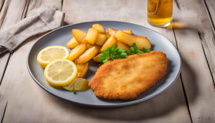 Chicken schnitzel with sauce, fried potato chips and lemon in a plate