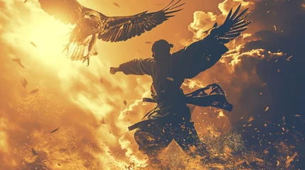 Tuinposter Create an image where the energetic movements of a martial artist are blended with the dynamic flight of a majestic eagle © colorful imagination