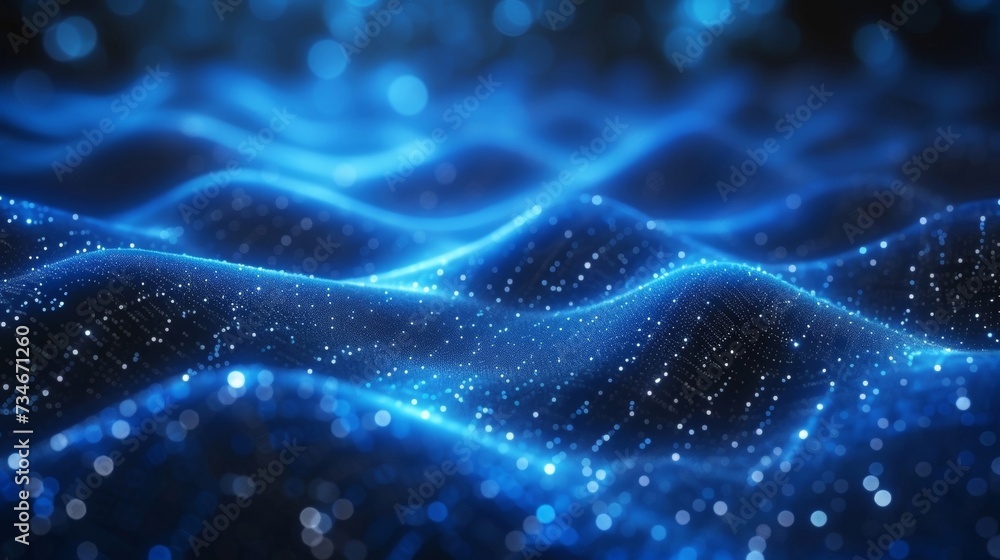Poster cutting-edge technology featuring digital waves and neural connections on a dark blue background, sy