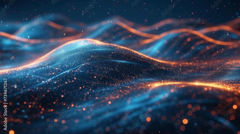 Poster cutting-edge technology featuring digital waves and neural connections on a dark blue background, sy
