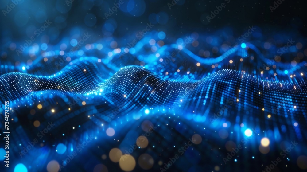 Poster blue tech backdrop with digital ripples, advanced network system, synthetic neural links, quantum co