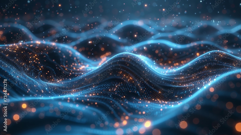 Poster cutting-edge technology featuring digital waves and neural connections on a dark blue background, sy